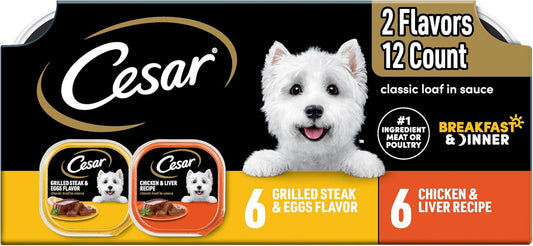 Adult Wet Dog Food Classic Loaf in Sauce Breakfast and Dinner Mealtime Variety Pack, 3.5 Oz. Easy Peel Trays, Pack of 12